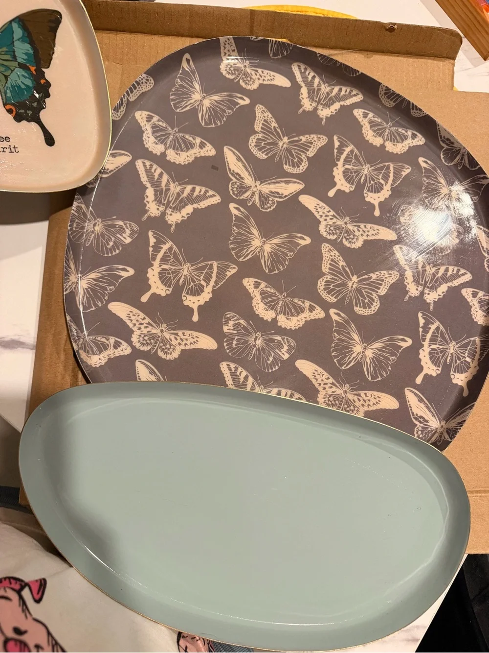 Home enamel butterfly Tray Set 3 pc in Teal and Cream made in India